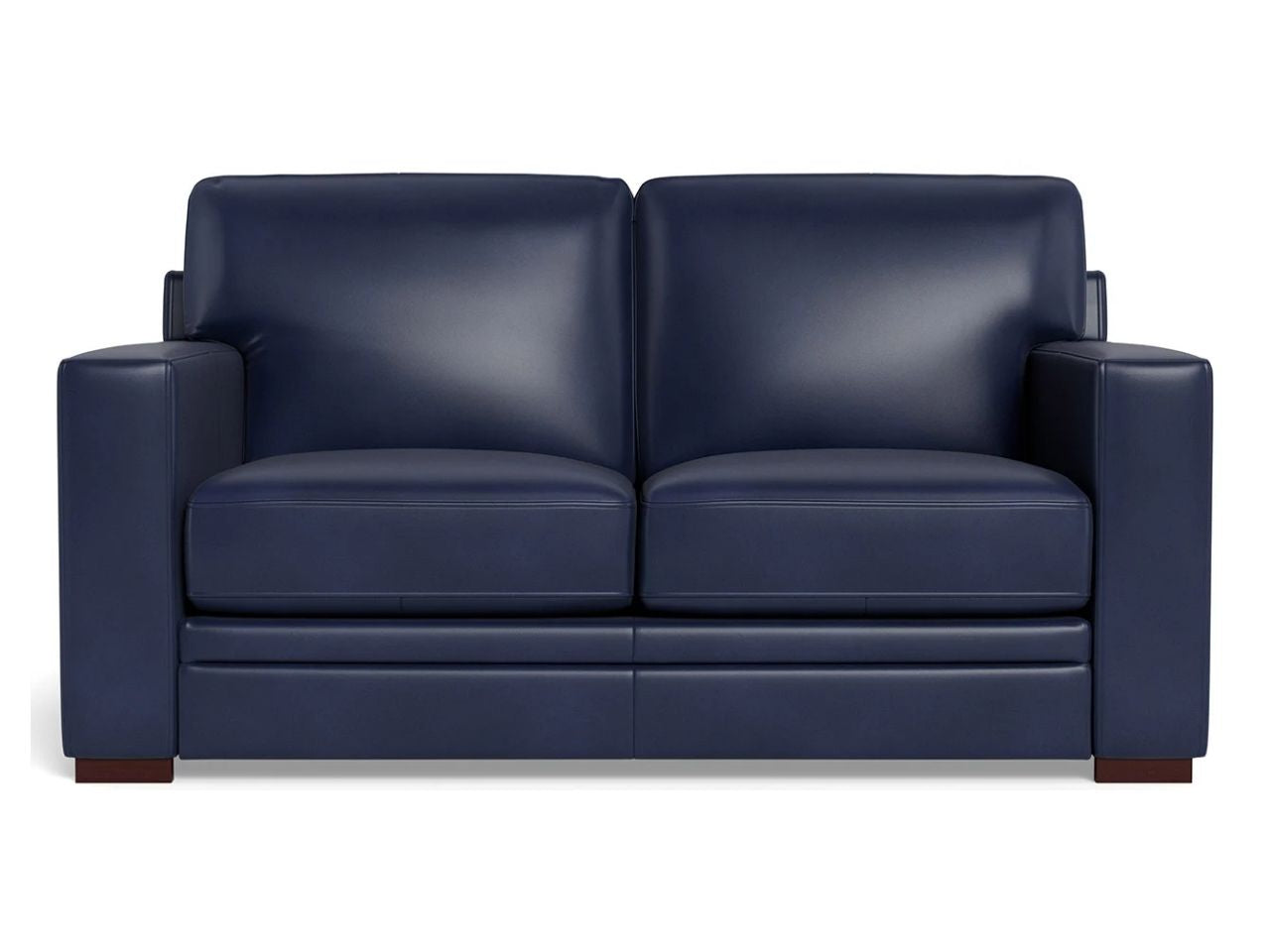 A two-seat leather loveseat with a modern, boxy silhouette, wide arms, and smooth cushions, upholstered in deep navy blue leather and shown against a white background.