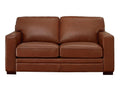 A two-seat leather loveseat featuring clean lines, wide arms, and plush seat cushions, shown in a warm medium brown leather finish on a white background.