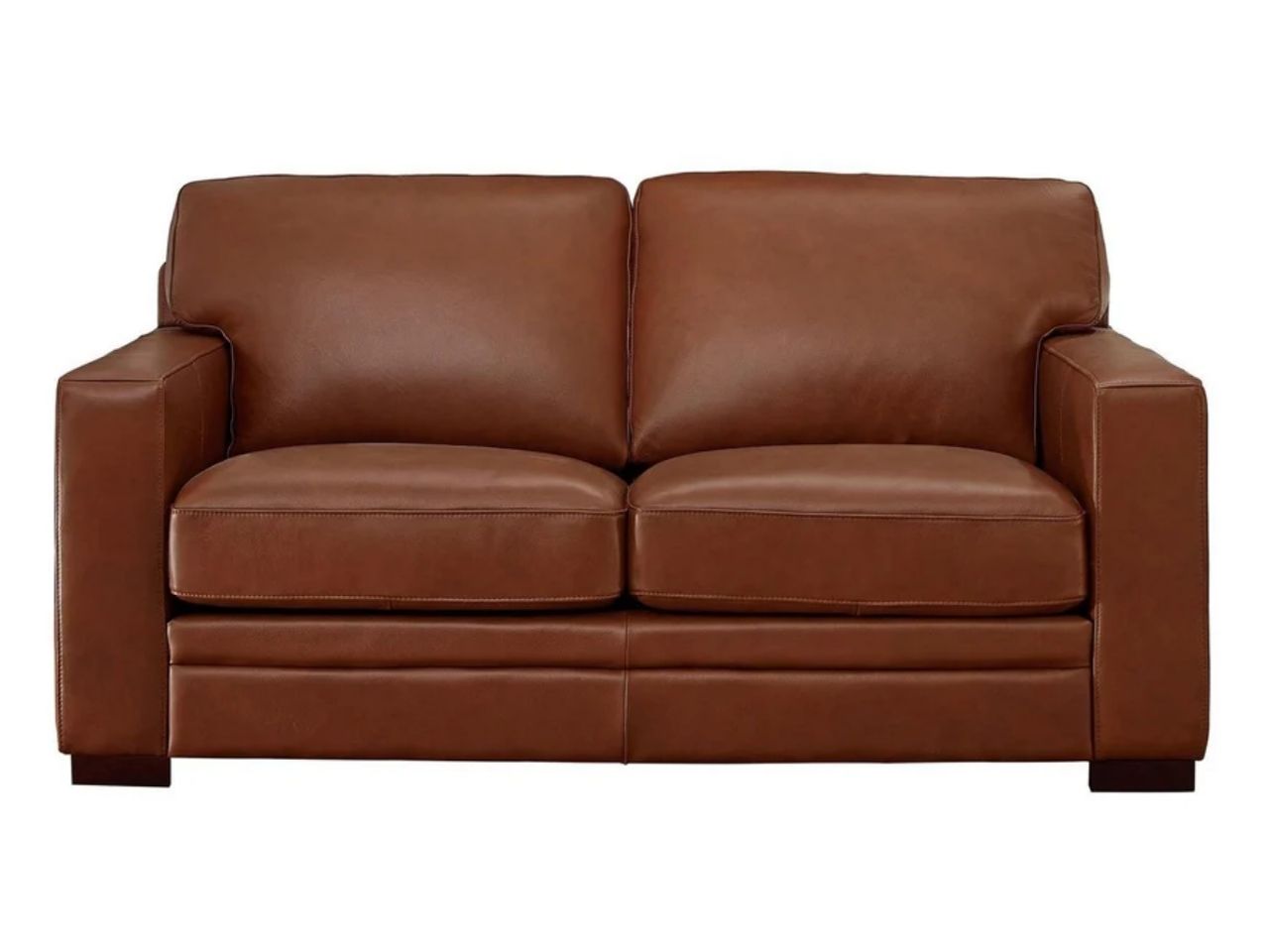 A two-seat leather loveseat featuring clean lines, wide arms, and plush seat cushions, shown in a warm medium brown leather finish on a white background.