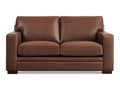 A two-seat leather loveseat with a structured design, squared arms, and supportive cushions, upholstered in a rich dark brown leather and displayed against a white background.