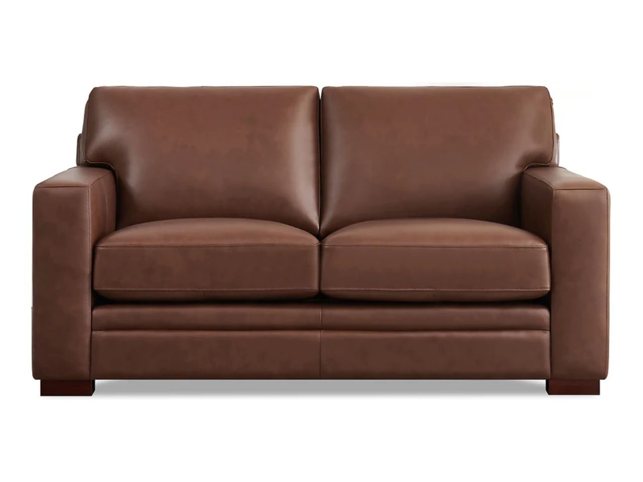 A two-seat leather loveseat with a structured design, squared arms, and supportive cushions, upholstered in a rich dark brown leather and displayed against a white background.