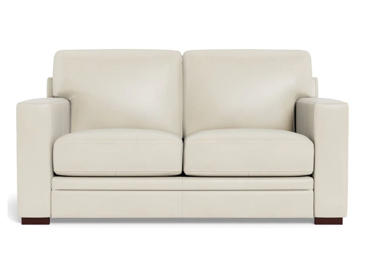 A two-seat leather loveseat with a minimalist, contemporary shape, wide arms, and smooth cushions, shown in a soft off-white leather finish on a white background.