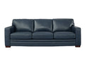 A three-seat leather sofa featuring a modern silhouette with wide arms and plush cushions, upholstered in a deep navy blue leather and displayed on a white background.