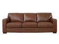 A three-seat leather sofa with clean, structured lines and wide arms, upholstered in a rich medium brown leather and photographed on a white background.