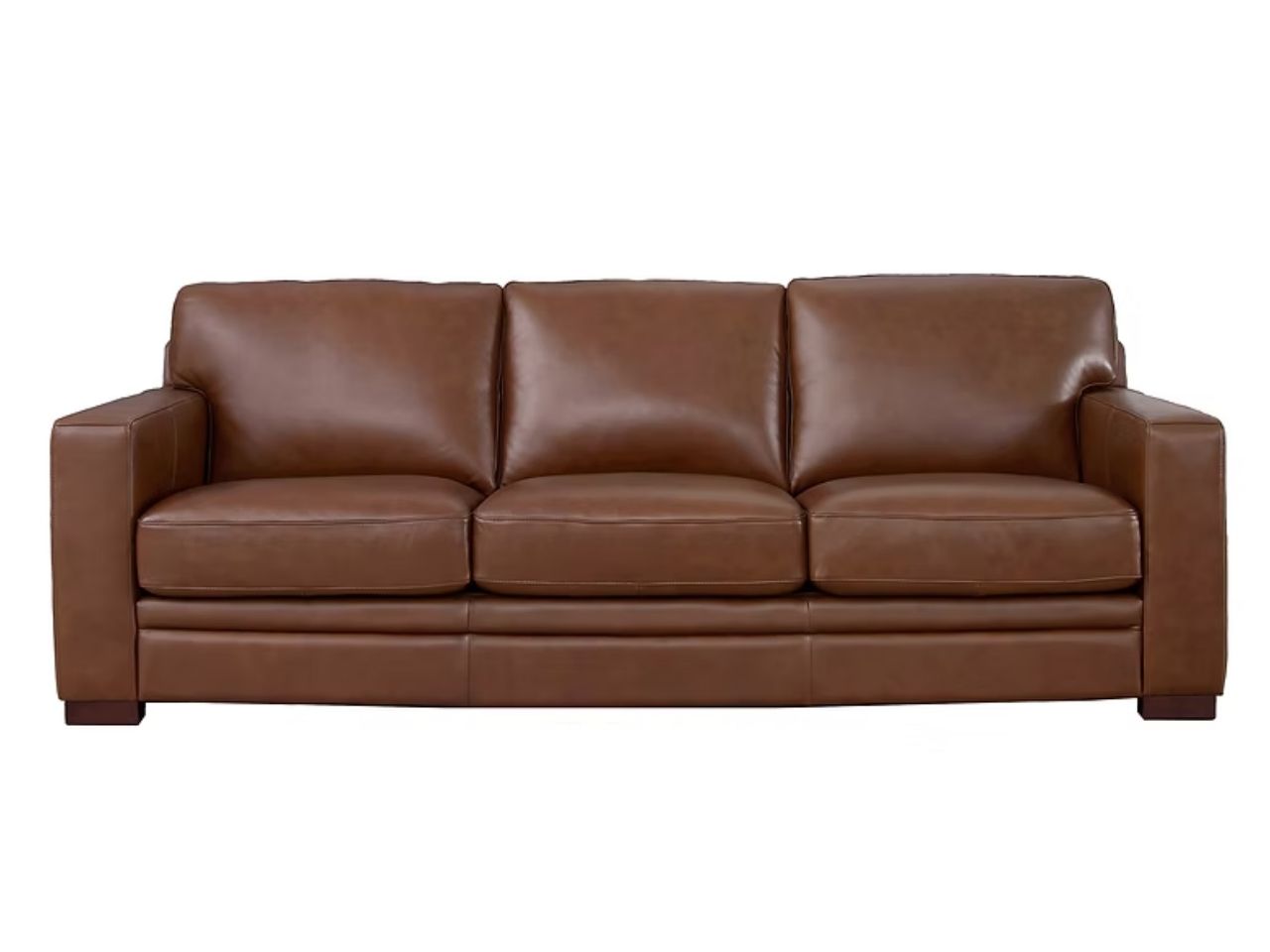 A three-seat leather sofa with clean, structured lines and wide arms, upholstered in a rich medium brown leather and photographed on a white background.