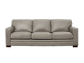 A three-seat leather sofa with a minimalist design, squared arms, and smooth cushions, shown in a stone leather finish against a white background.