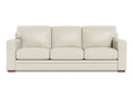 A three-seat leather sofa with a contemporary, streamlined shape, box-style cushions, and wide arms, shown in a soft off-white leather finish against a white background.