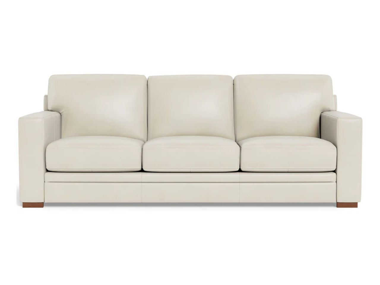 A three-seat leather sofa with a contemporary, streamlined shape, box-style cushions, and wide arms, shown in a soft off-white leather finish against a white background.