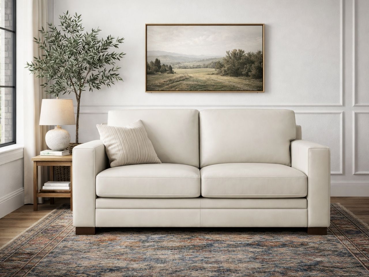 Cream loveseat upholstered in smooth leather or leather-look fabric, styled in a bright, neutral living room.