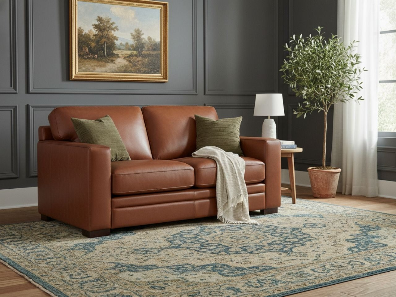 Warm brown loveseat upholstered in genuine or faux leather, styled in a cozy, traditional living room.
