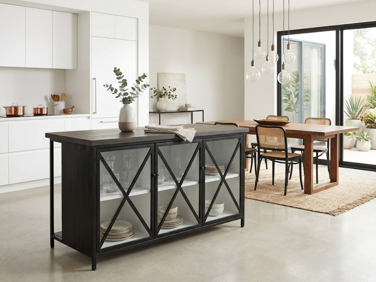 Black kitchen island with glass cabinet doors in a modern dining space.