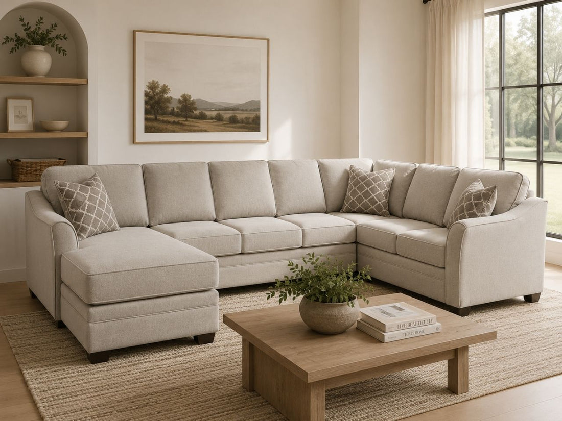 Light beige sectional sofa with ottoman in a cozy modern living room.