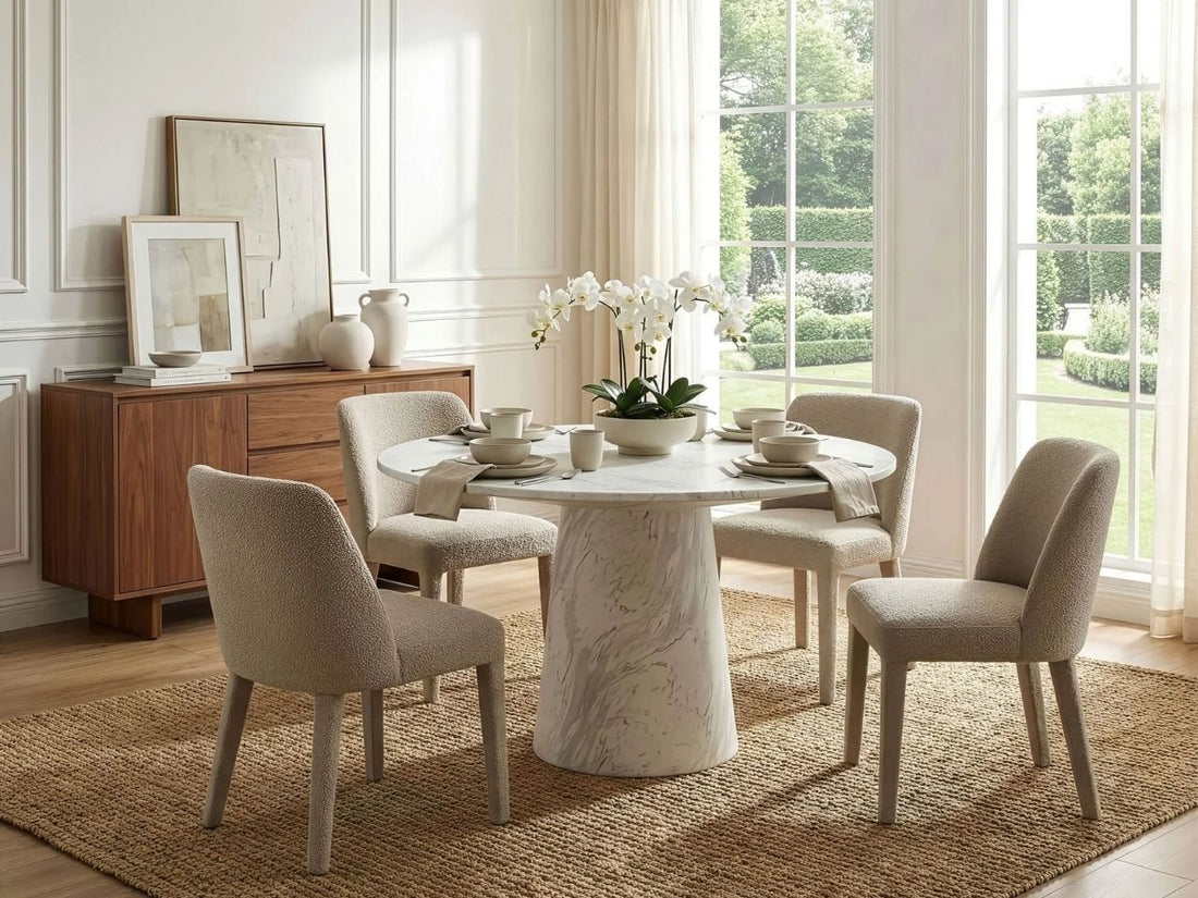 Round marble dining table with upholstered chairs in a bright, elegant dining room.