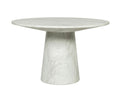 Round marble dining table with pedestal base on white background.