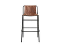 Brown leather counter stool with black metal frame on a white background, front view.