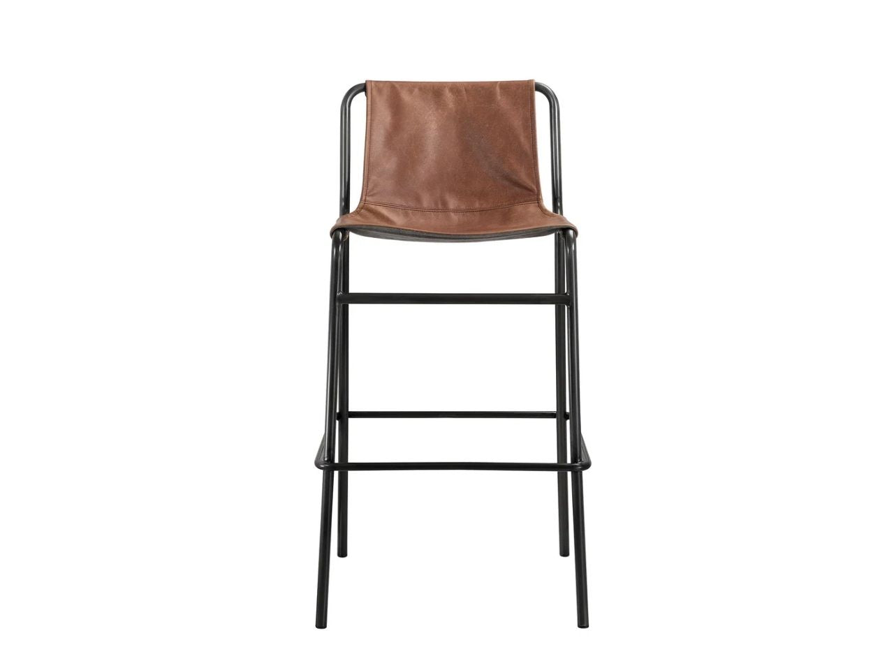 Brown leather counter stool with black metal frame on a white background, front view.