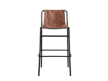 Brown leather counter stool with black metal frame on a white background, front view.