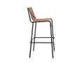 Brown leather counter stool with black metal frame on a white background.