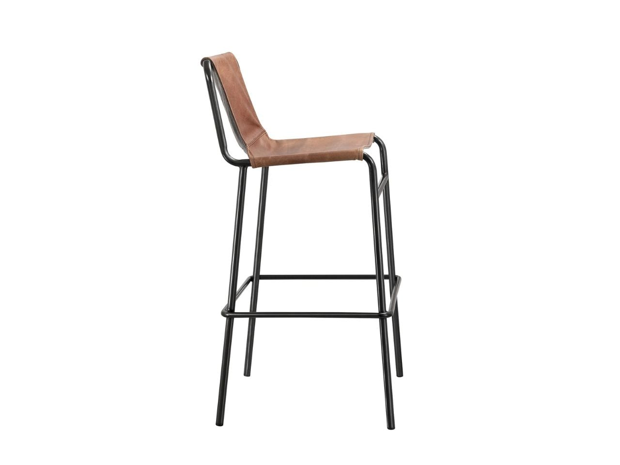 Brown leather counter stool with black metal frame on a white background.