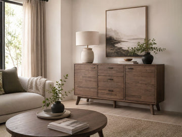 Clean-lined sideboard with spacious drawers and a warm mid-century design.