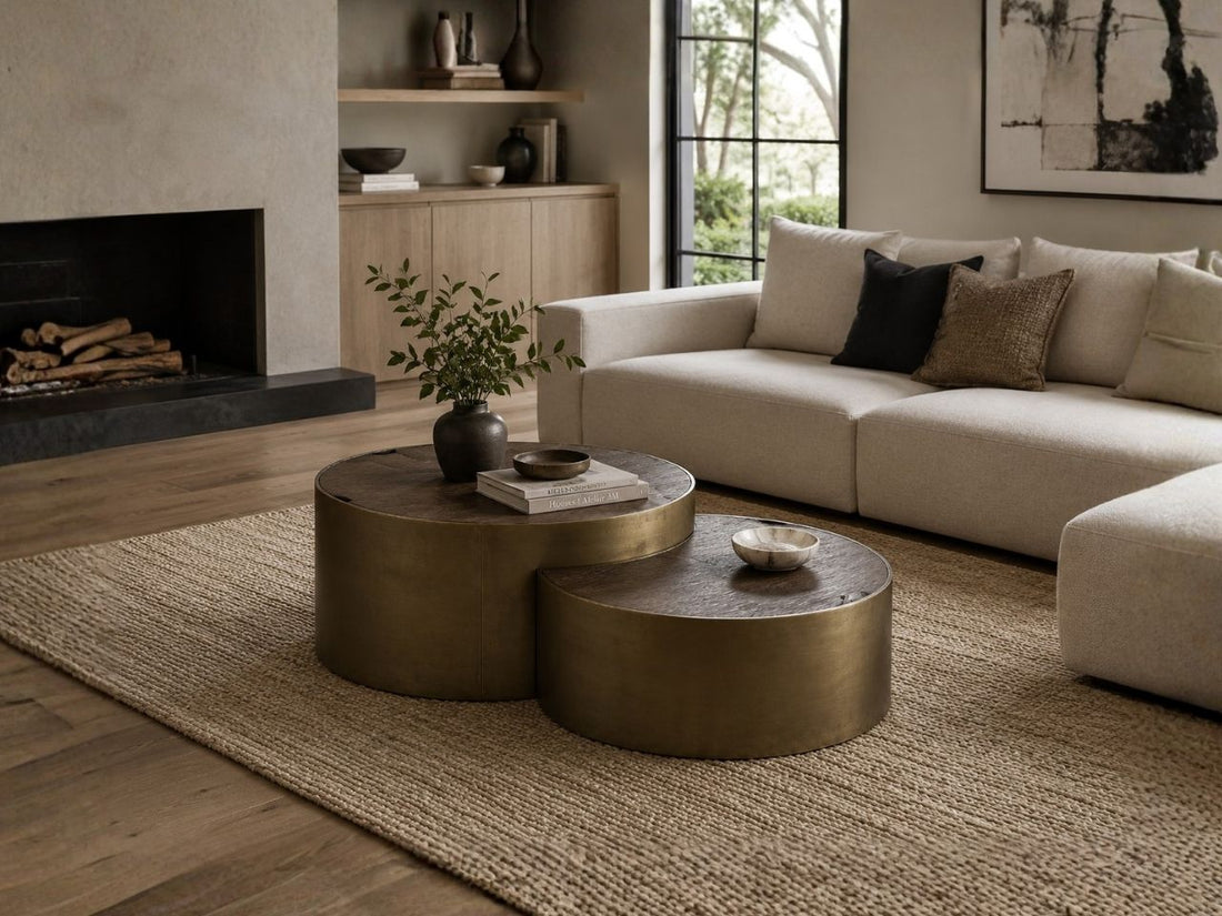 Modern nesting coffee table set with a warm metallic finish and round layered design, styled in a contemporary living room with neutral décor and a cozy sectional sofa.