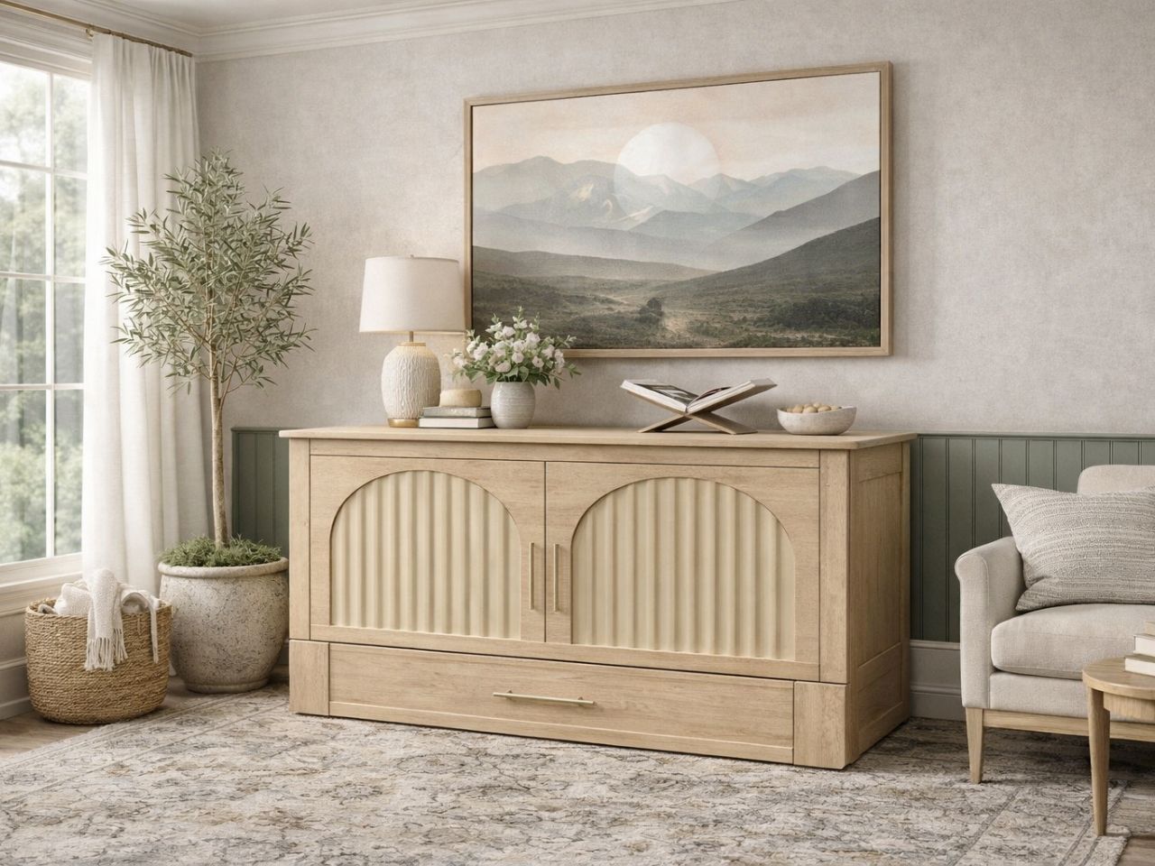 Light wood cabinet bed styled as a sideboard in a bright living room with neutral décor.