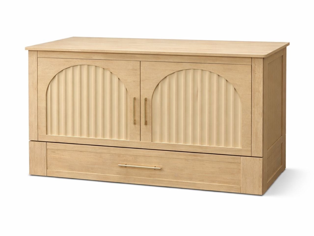 Light wood cabinet bed with fluted panel doors and integrated drawer, shown on a white background.