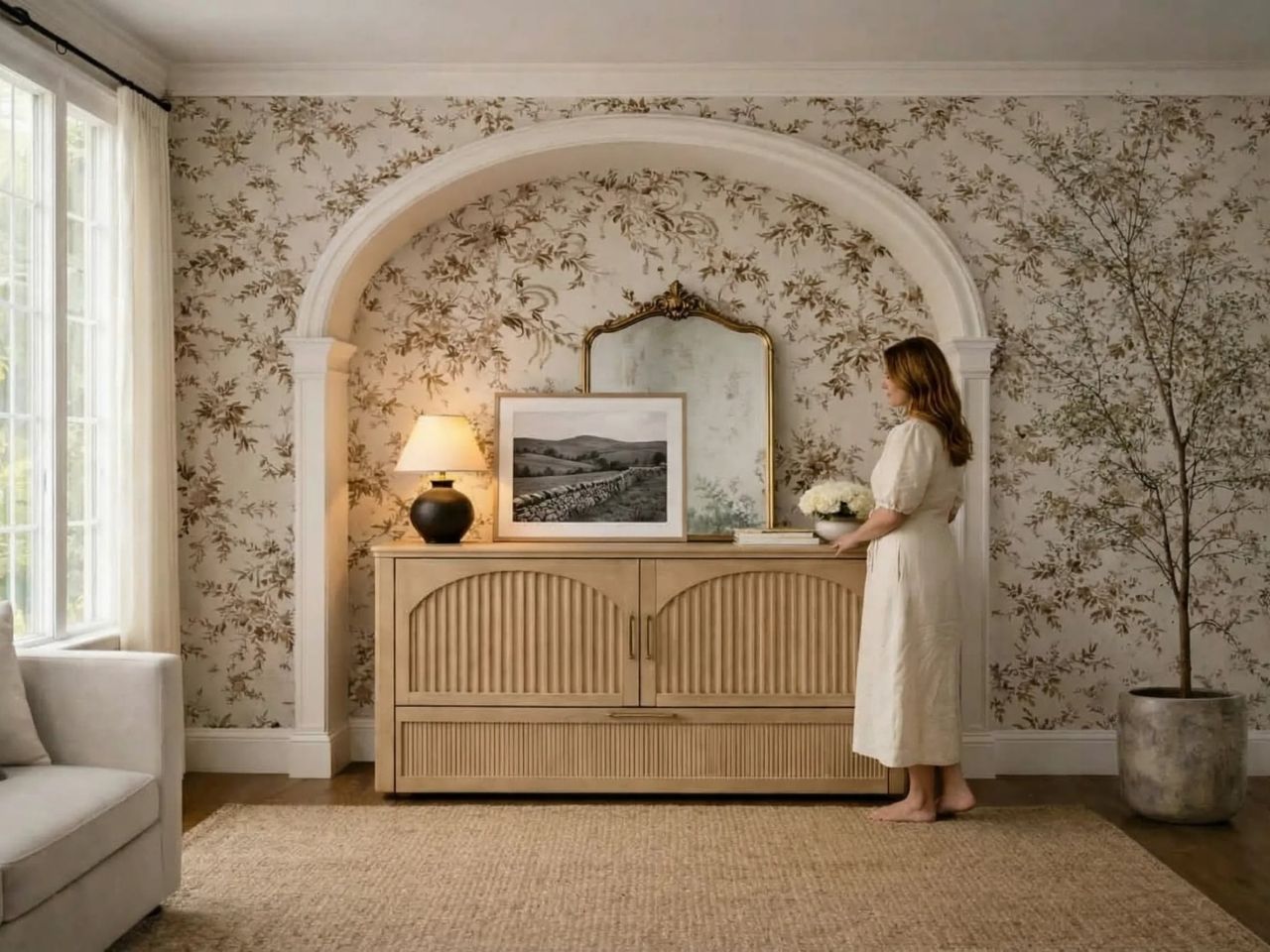 Light wood arched cabinet bed styled in a cozy room, with a person standing beside it.