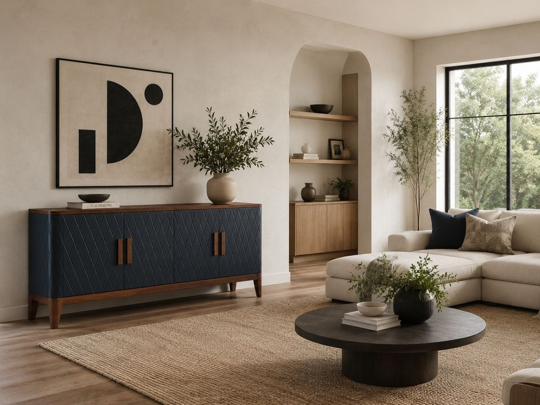 Elegant sideboard with diamond-pattern doors and rich two-tone wood detailing.