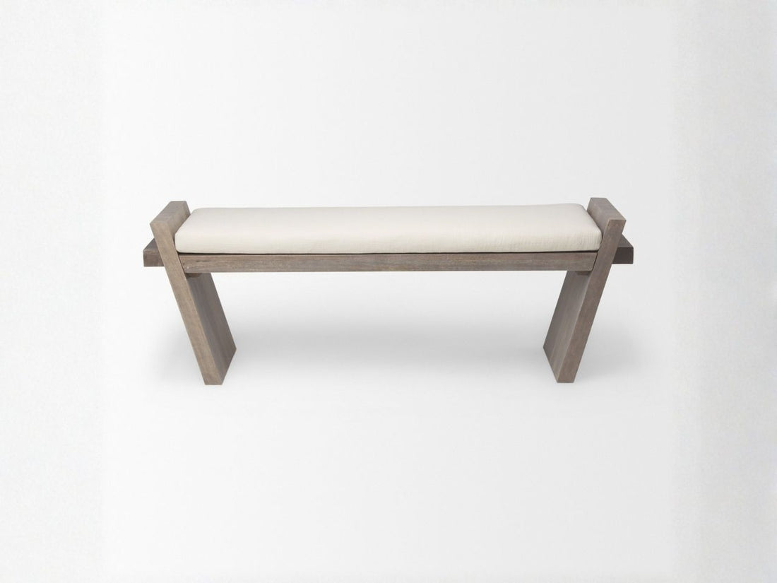Elaine l Brown Wood Upholstered Cream Seat Bench in Calgary in a white background