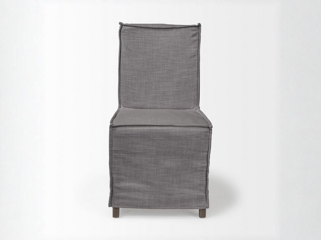 Elbert II Cream Fabric Slip-Cover Brown Wood Frame Dining Chair in Calgary in a white background