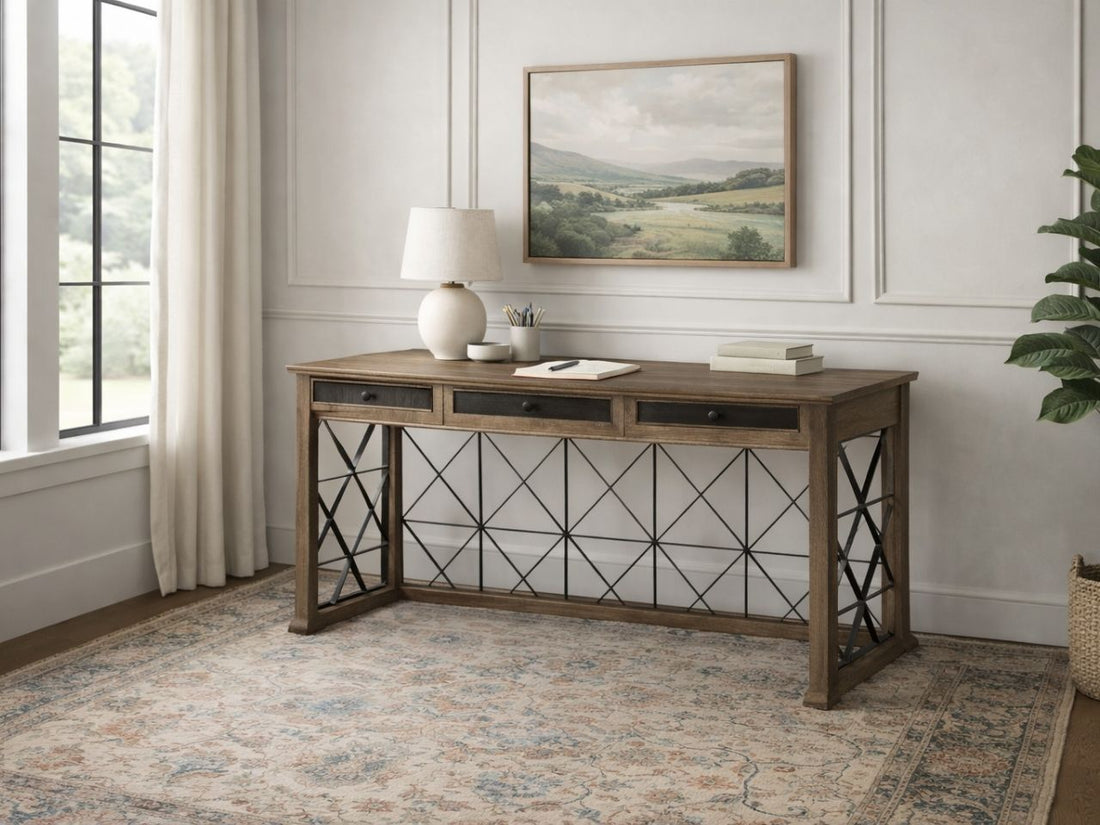 Wood office desk with metal lattice details and drawers in a home office.