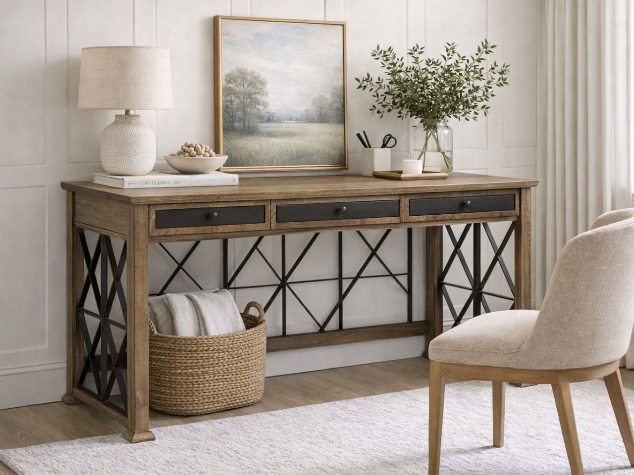 The Eldorado Office Desk is a transitional piece crafted from wood with a warm, light-to-medium brown finish that highlights its natural grain.