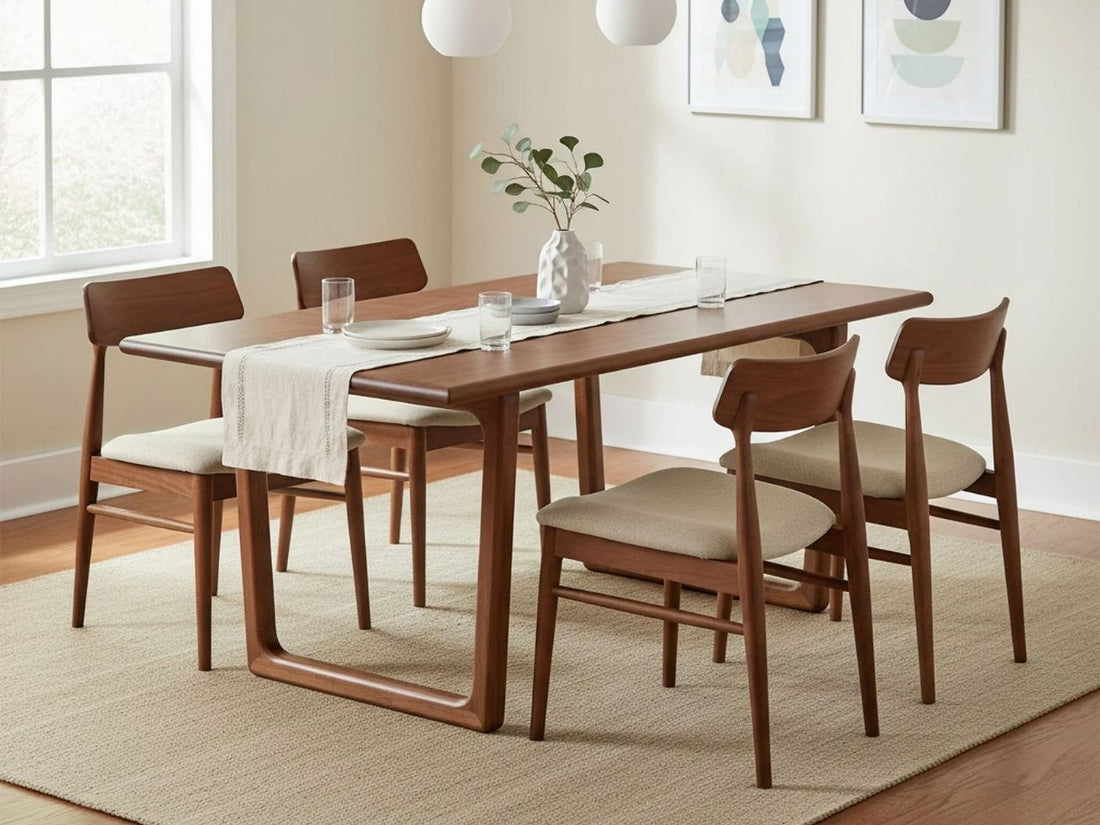 Rectangular wooden dining table with curved legs and chairs in a bright dining room.