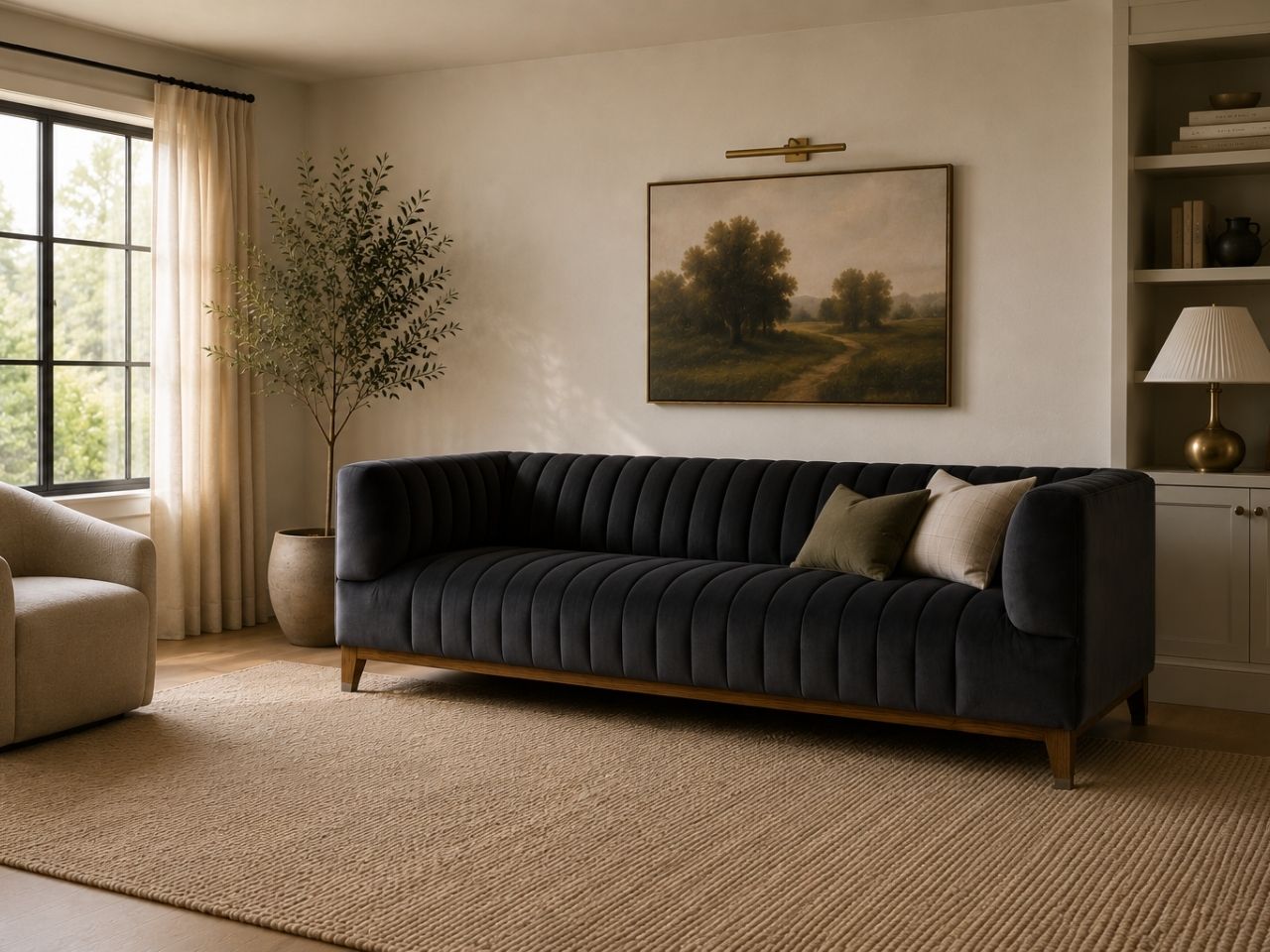 Dark channel-tufted sofa with accent pillows in a warm, modern living room.