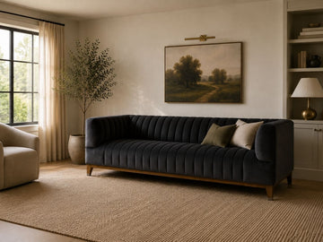 Dark channel-tufted sofa with accent pillows in a warm, modern living room.