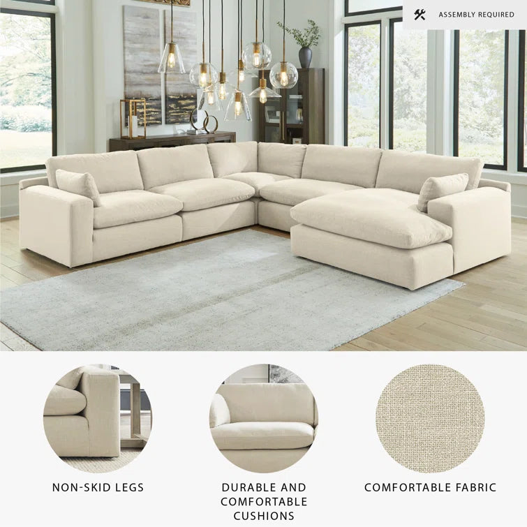 Elyza 5-Piece Modular Sectional in a living room setting with features highlighted at the bottom.
