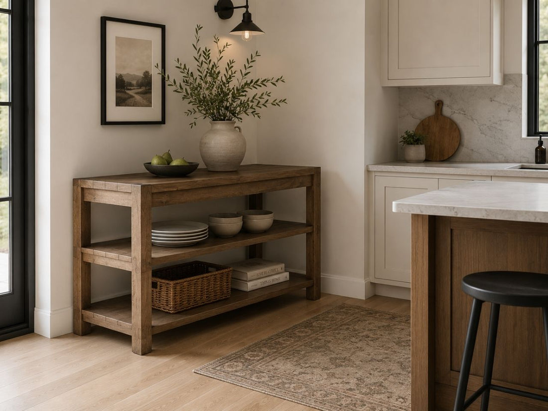 Wood kitchen island with open shelving in a bright modern kitchen.