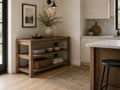 Wood kitchen island with open shelving in a bright modern kitchen.