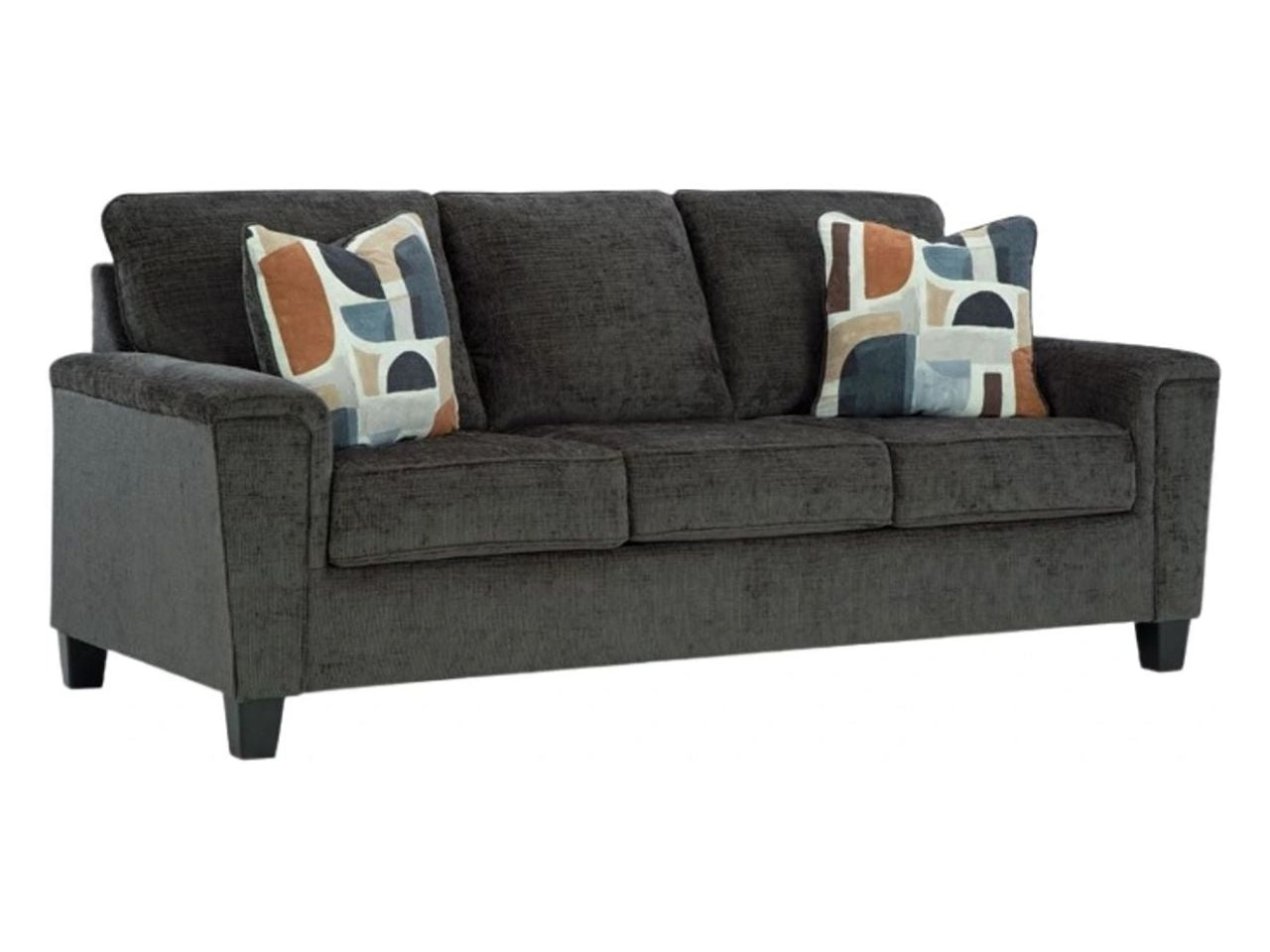 Erinslane Three-Cushion Fabric Sofa with Accent Pillows Tapered Legs in Calgary in a white background