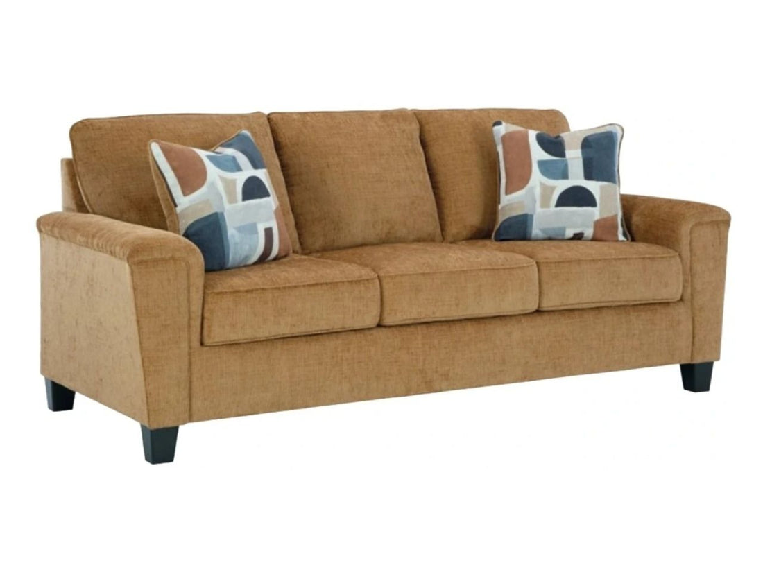 Erinslane Three-Cushion Fabric Sofa with Accent Pillows Tapered Legs in Calgary in a white background