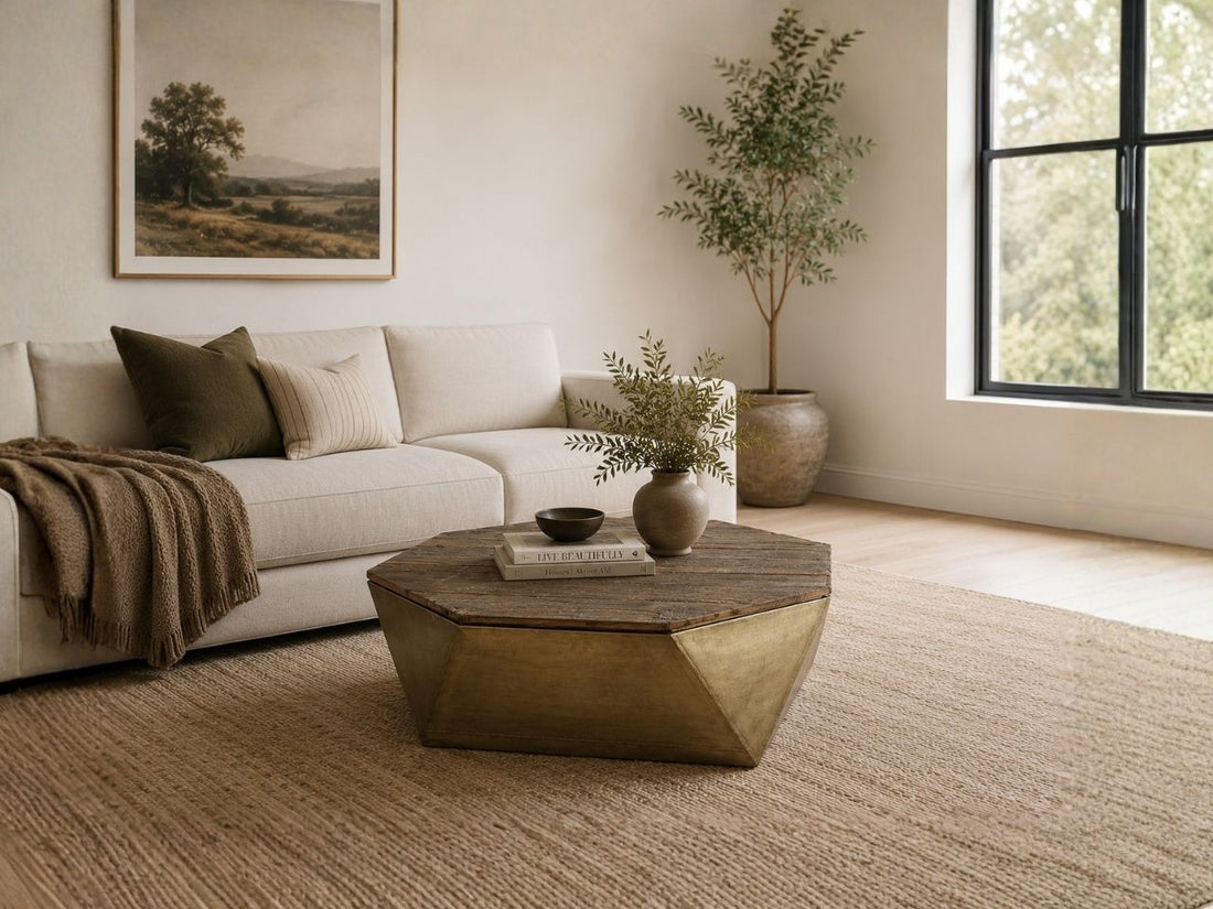 Geometric coffee table with a wood top and metallic base in a modern living room.