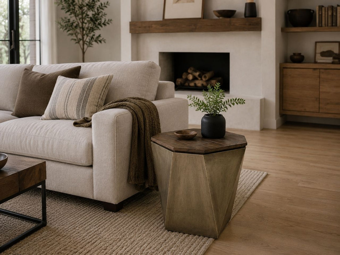 Geometric natural wood and metal accent table with an octagonal wood top styled beside a cream sofa in a warm contemporary living room.