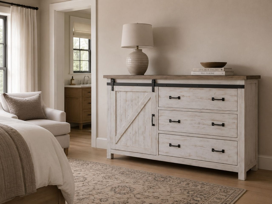 Whitewashed farmhouse dresser with sliding barn-door detail, distressed finish, black metal hardware, and rustic country-inspired charm.