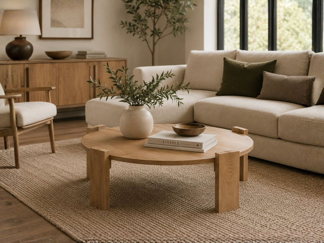 Round wood coffee table with a low-profile design in a modern living room.