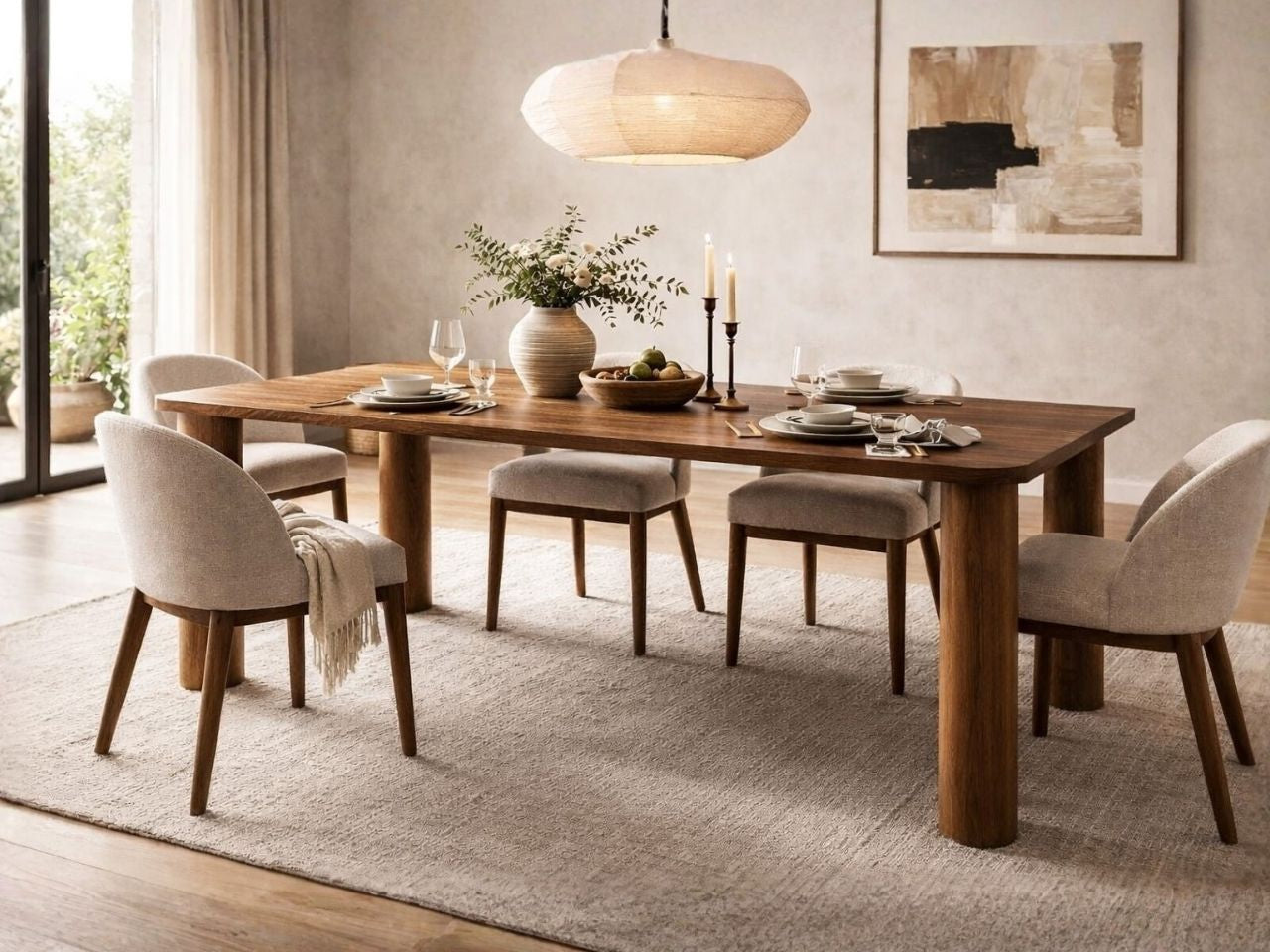 Solid wood rectangular dining table with upholstered chairs in a neutral dining room.