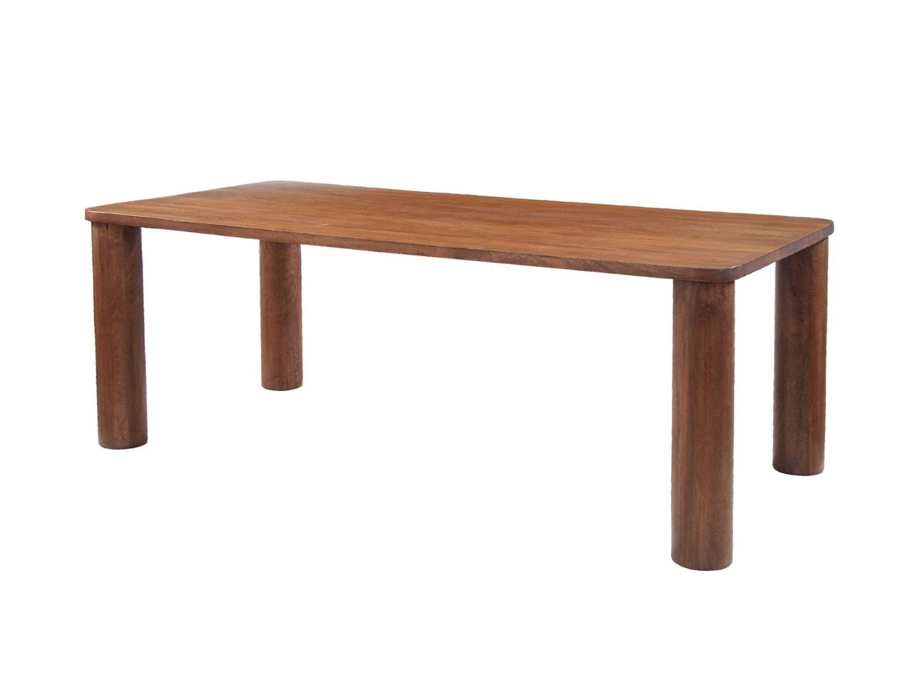 Solid wood rectangular dining table with thick legs on a white background.