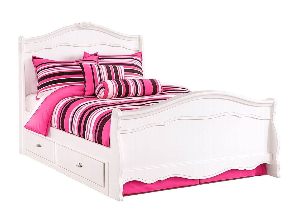 White sleigh storage bed with built-in drawers in a bright girls' bedroom setting.