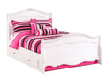 White sleigh storage bed with built-in drawers on a white background.