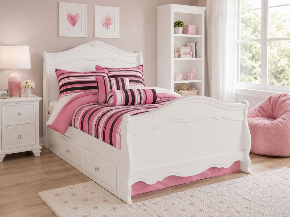 White sleigh storage bed with built-in drawers in a bright girls' bedroom setting.